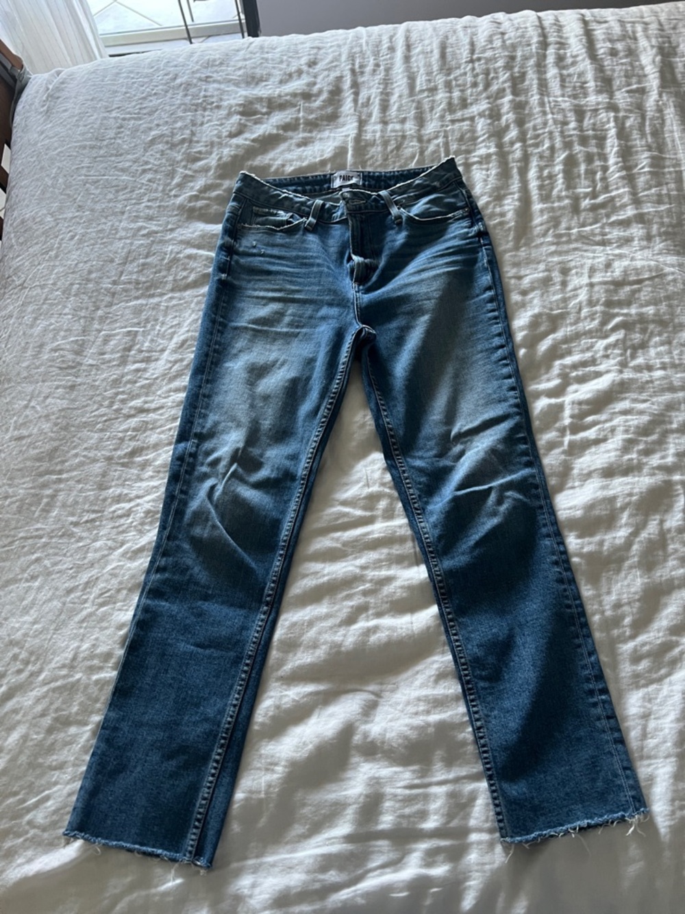 PAIGE Dark Blue Straight-Leg Jeans with Faded Whiskering